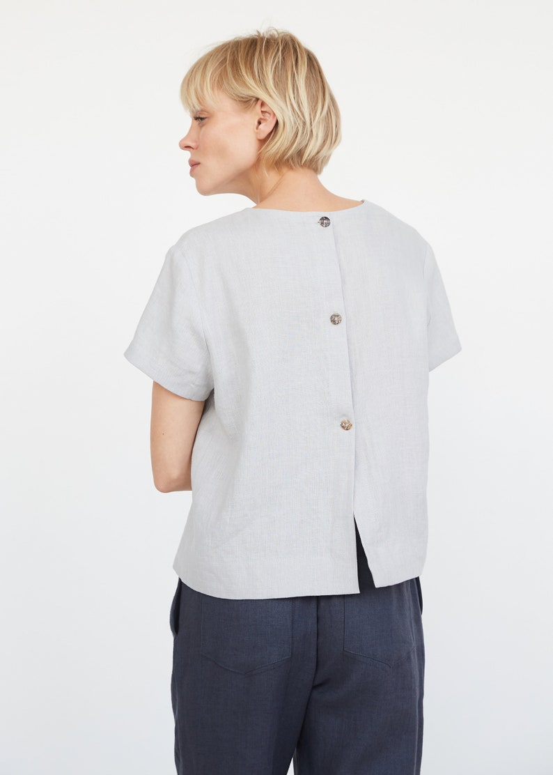 Linen Shirt With Back Buttons, Loose Summer Blouse, European Stonewashed Linen image 4