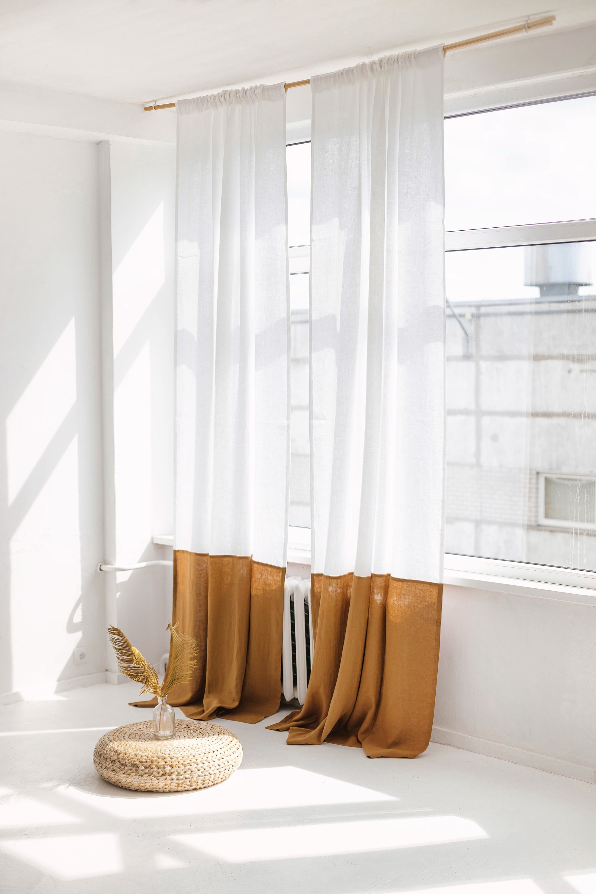 55 «/140 cm de Large Amber Color Block Rideau Lin, Long Panneau Fenêtre en Lin Deux Couleurs, Chambr