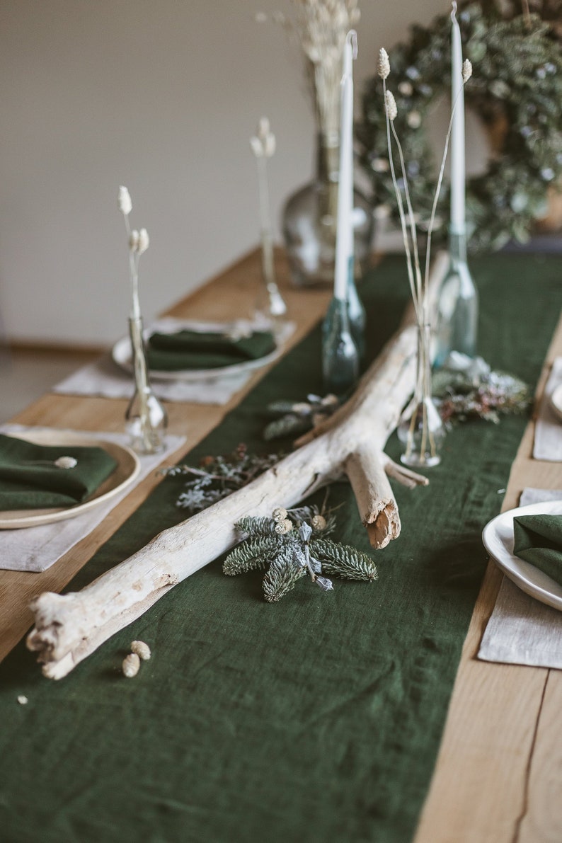 Soft Linen Table Runner,Natural Linen Table Decor,Stone Washed Table Runners,Dark Green Table Linens,Flax,Softened Table Runner,Linen Gift image 2