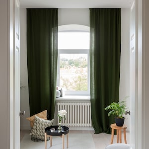 Dark Green Linen Curtain Panel, Rod Pocket Drape image 4