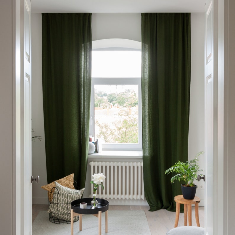 Dark Green Linen Curtain Panel, Rod Pocket Drape image 4
