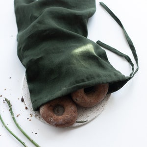 Green Linen Bread Bag Set, Linen Drawstring Bag, Linen Bread Storage Bag, Reusable Linen Bag