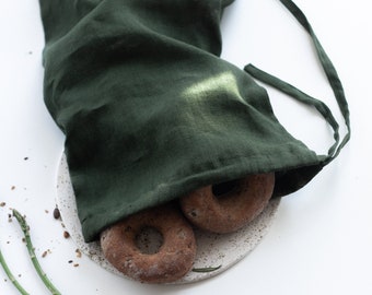 Green Linen Bread Bag Set, Linen Drawstring Bag, Linen Bread Storage Bag, Reusable Linen Bag