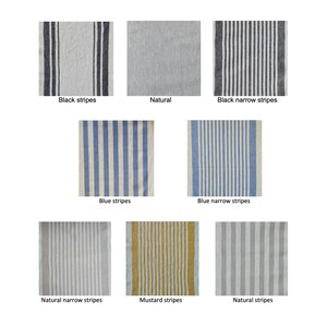 May include: Nine fabric swatches with different patterns and colors. The swatches are arranged in three rows of three. The top row shows black stripes, natural, and black narrow stripes. The middle row shows blue stripes, blue narrow stripes, and natural narrow stripes. The bottom row shows mustard stripes, natural stripes, and natural.