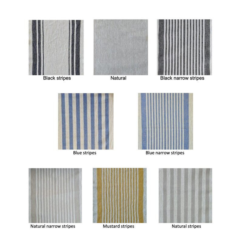May include: Nine fabric swatches with different patterns and colors. The swatches are arranged in three rows of three. The top row shows black stripes, natural, and black narrow stripes. The middle row shows blue stripes, blue narrow stripes, and natural narrow stripes. The bottom row shows mustard stripes, natural stripes, and natural.