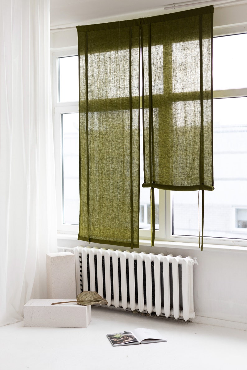 27''/70cm wide Moss Green Linen Roll Up blind, Linen Window Blind with Ties, Linen Roller Shades, Linen Noren Drape, Rod Pocket Linen Panel image 1