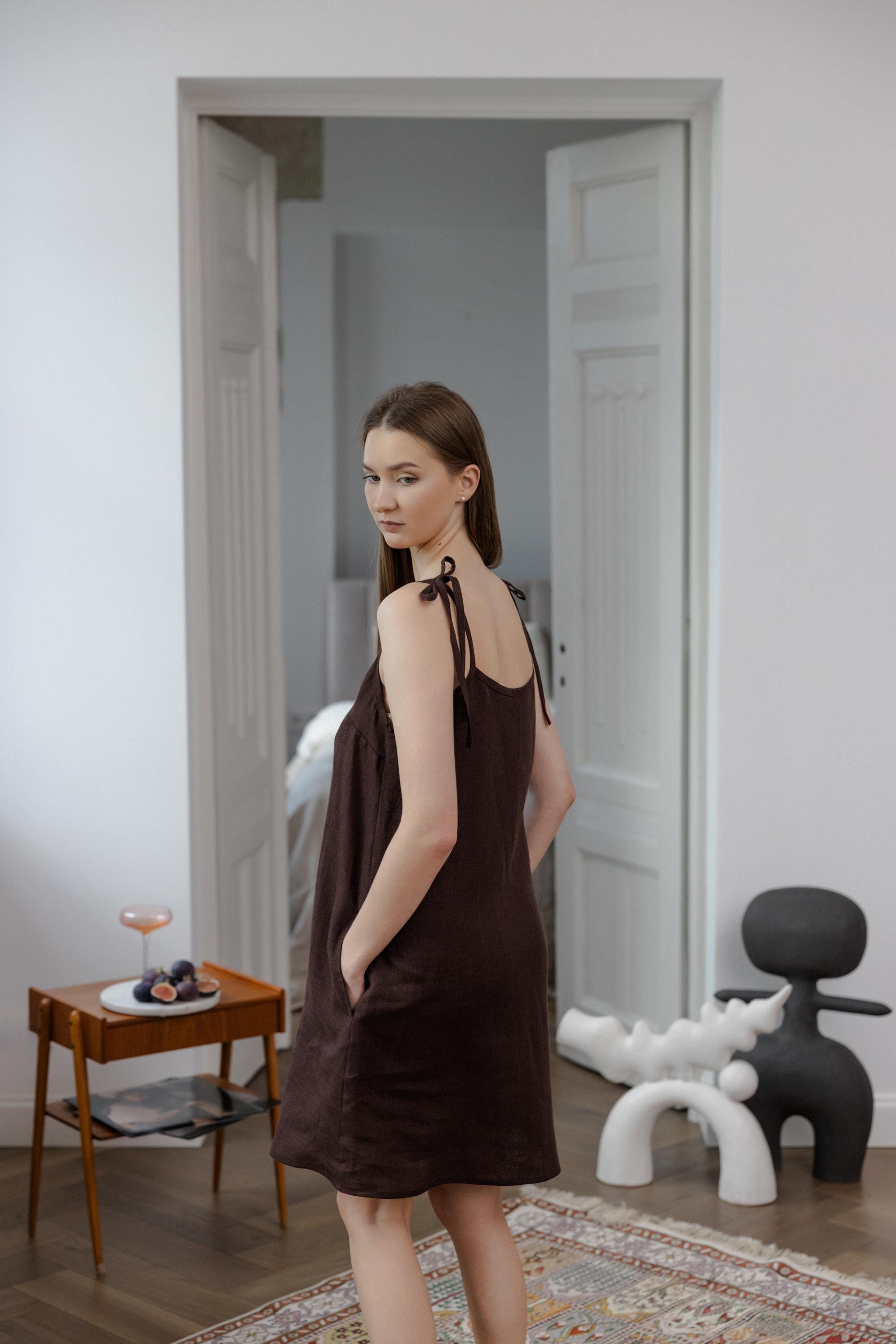 Chocolate Brown Linen Dress - Adjustable Spaghetti Strap Slip Dress with Pockets Chocolate Brown Linen Dress - Adjustable Spaghetti Strap Slip Dress with Pockets