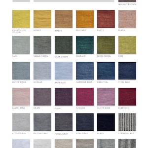 May include: A linen color palette with 30 fabric swatches in various colors, including Chartreuse Yellow, Honey, Amber, and Mustard. The density is 200 GSM or 5.9 oz. The palette also includes shades of blue, pink, gray, and black.