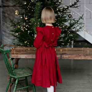 Girls Red Linen Christmas Dress With Buttons And Ribbon, Festive Linen Dress With Long Sleeves, Long Sleeve Linen Christmas Photoshoot Dress image 8