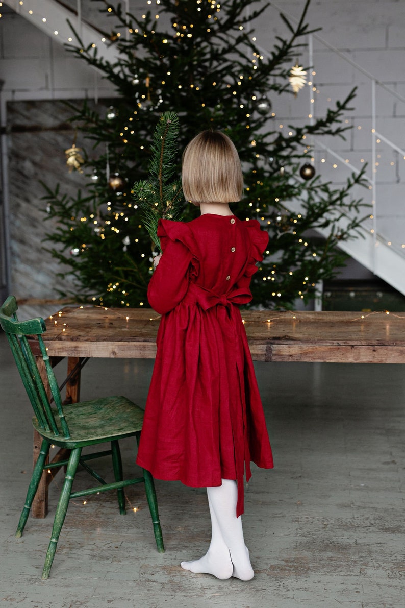 Girls Red Linen Christmas Dress With Buttons And Ribbon, Festive Linen Dress With Long Sleeves, Long Sleeve Linen Christmas Photoshoot Dress image 8