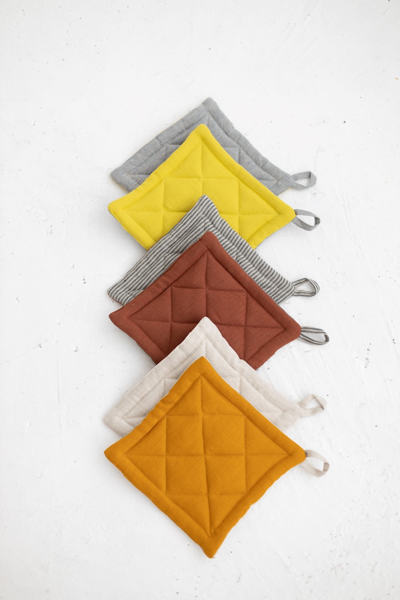 Two Sides Linen Pot Holder, Quilted Linen Pot Holders, Square pattern linen Pot Holder, Mustard Linen Potholder image 5