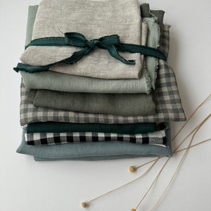 Linen Scraps Bundle Gingham Checks and Solid Colors, Natural Linen Fabric Remnants For Craft Projects. image 6