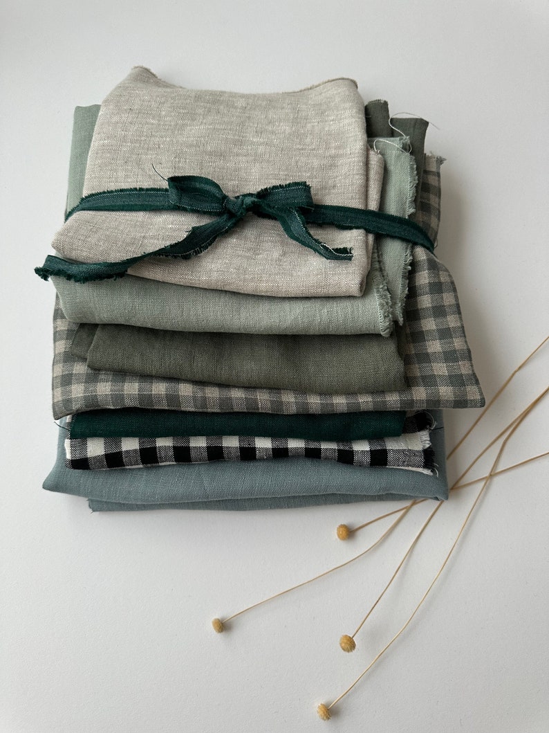 Linen Scraps Bundle Gingham Checks and Solid Colors, Natural Linen Fabric Remnants For Craft Projects. image 6