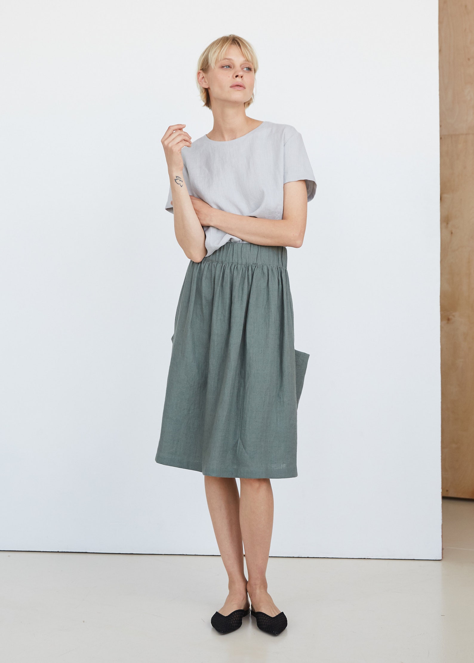 Green Skirt With Pockets Midi Linen Skirt With Elastic Band Etsy