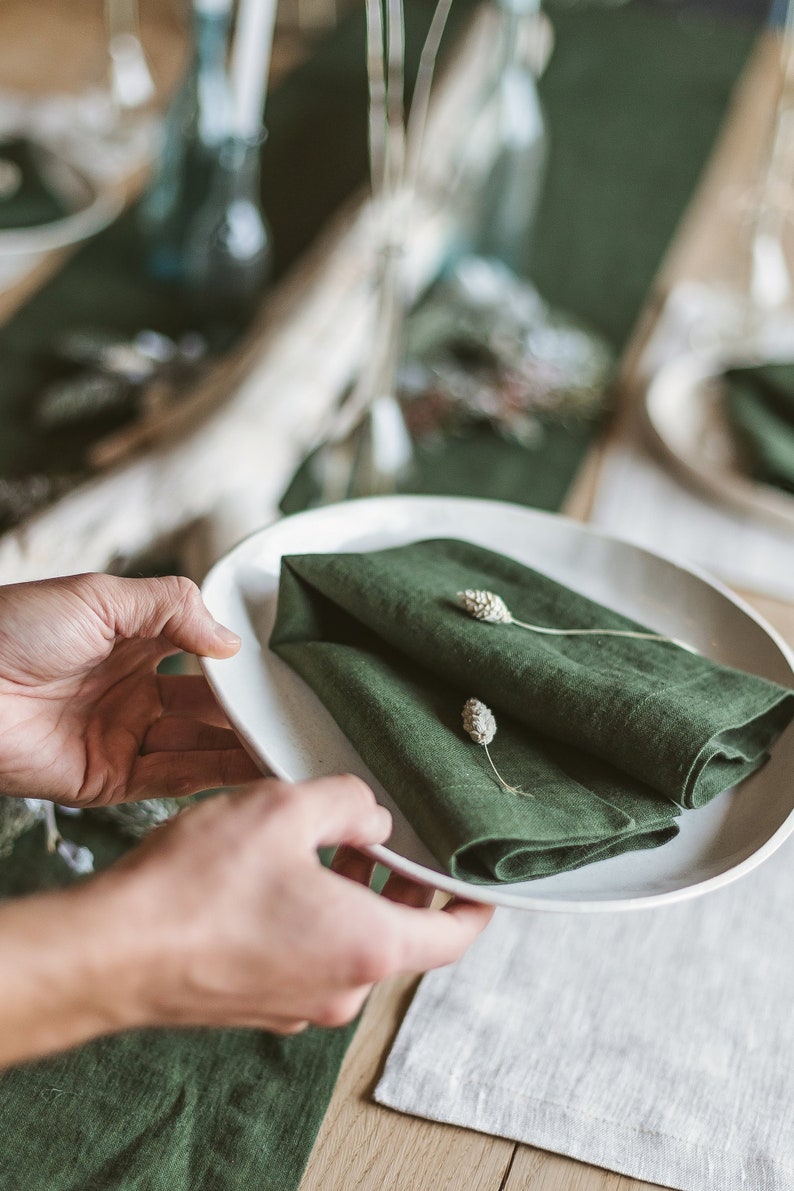 Softened Linen Napkins Set, Green Linen Napkins, Mitered Corners Linen Napkins, Pure Linen Napkin, Washed Linen Table, Stone Washed Linen image 1