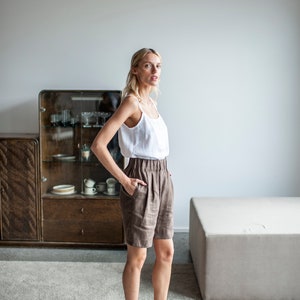 High Waisted Linen Shorts With Elastic Waistband, Linen Bermuda Shorts, High Waist Linen Shorts With Pockets, Summer Linen Shorts image 3