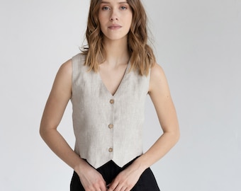 Natural Light Linen Vest Top, Classic Linen Waistcoat With Buttons, Short Linen Vest, Short Linen Top, Beige Linen Tank Top