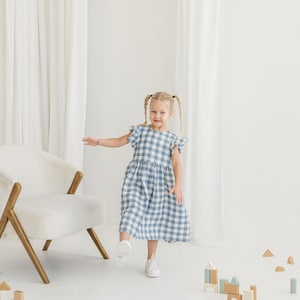 Girls Light Blue Gingham Linen Dress With Ruffles, Gingham Linen Sleeveless Dress, Toddler Linen Boho Dress,Girl's Casual Linen Summer Dress image 4