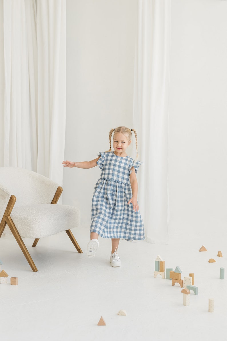 Girls Light Blue Gingham Linen Dress With Ruffles, Gingham Linen Sleeveless Dress, Toddler Linen Boho Dress,Girl's Casual Linen Summer Dress image 4