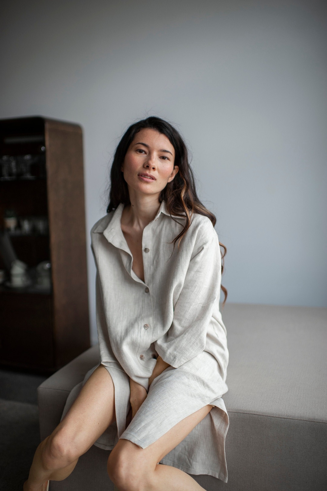Long Linen shirt dress | Light Grey