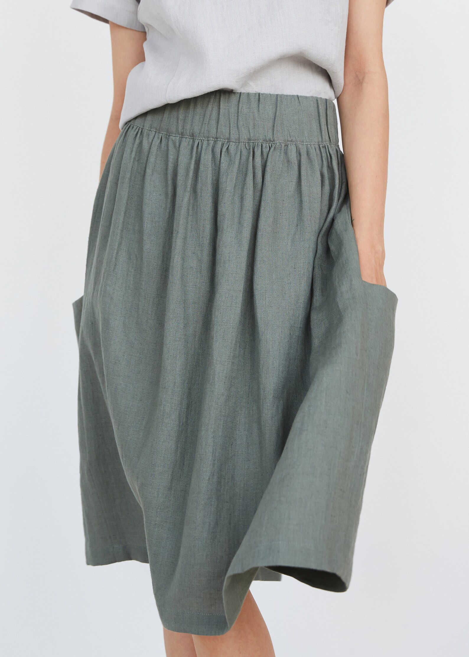 Green Skirt With Pockets Midi Linen Skirt With Elastic Band Etsy