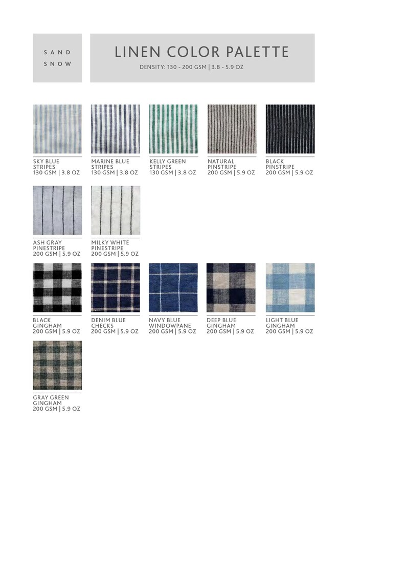 May include: A linen color palette chart with 12 different colors and patterns. The chart includes sky blue stripes, marine blue stripes, kelly green stripes, natural pinstripe, black pinstripe, ash gray pinstripe, milky white pinstripe, black gingham, denim blue checks, navy blue windowpane, deep blue gingham, light blue gingham, and gray green gingham. The chart also includes the GSM and weight of each fabric.