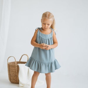 Girls Muslin Dress With Ties, Ocean Blue Double Gauze Smock Dress, Toddler Cotton Boho Dress, Girls Muslin Summer Dress with Straps