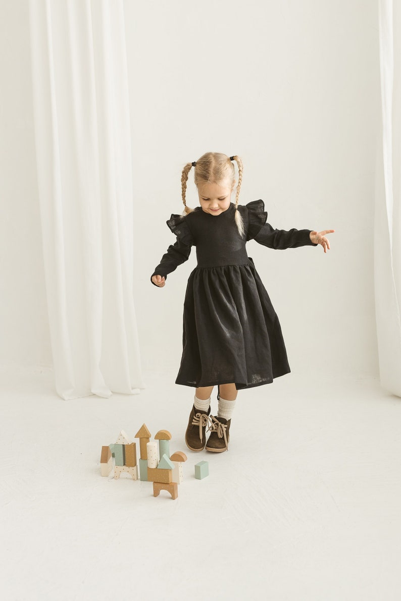 Girls Black Linen Christmas Dress With Buttons And Ribbon, Festive Linen Dress With Long Sleeves, Long Sleeve Linen Photoshoot Dress image 1