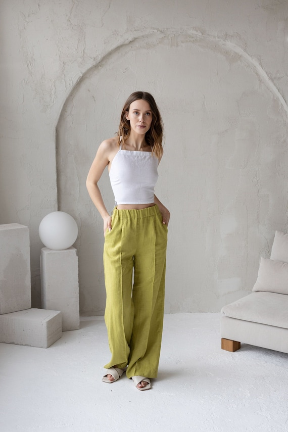 Lime Green Wide Leg Linen Woman Pants, High Waisted Creased Linen