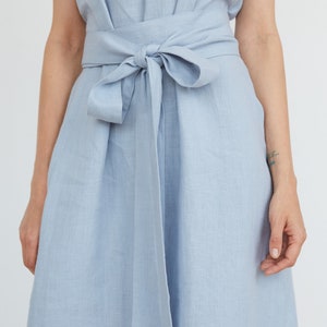 Blue Midi Linen Dress, Tie Belt Linen Dress, Light Blue Linen Summer Dress, Blue Bridesmaid Linen Dress image 2
