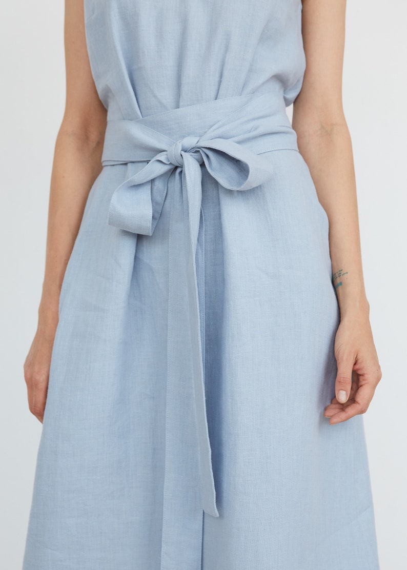 Blue Midi Linen Dress, Tie Belt Linen Dress, Light Blue Linen Summer Dress, Blue Bridesmaid Linen Dress image 2