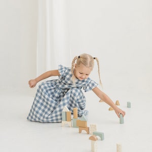 Girls Light Blue Gingham Linen Dress With Ruffles, Gingham Linen Sleeveless Dress, Toddler Linen Boho Dress,Girl's Casual Linen Summer Dress image 3