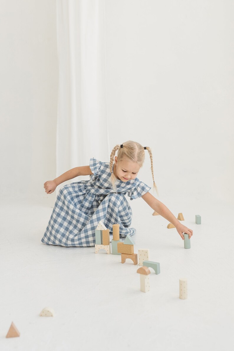 Girls Light Blue Gingham Linen Dress With Ruffles, Gingham Linen Sleeveless Dress, Toddler Linen Boho Dress,Girl's Casual Linen Summer Dress image 3