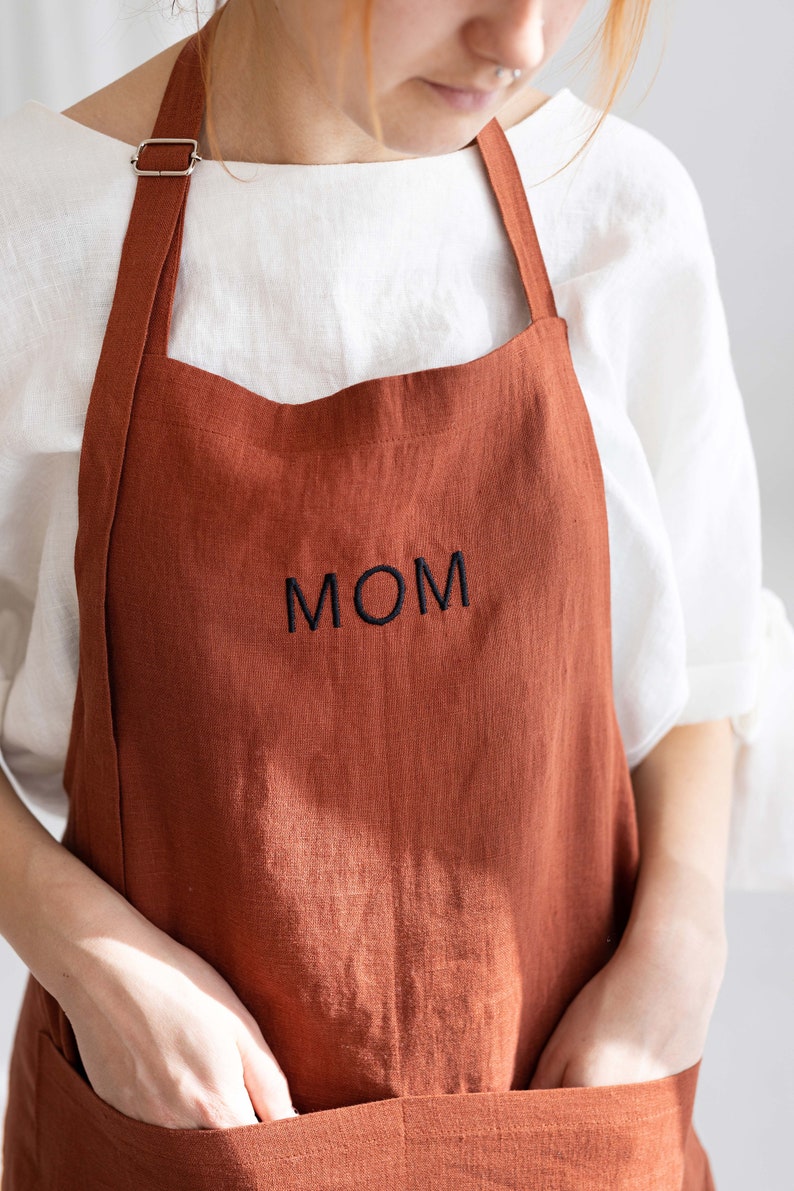 Personalized Linen Apron For Dad, Linen Apron With Embrodery, Embroidered Chef Apron For Father And Mother, Unisex Linen Apron Embroiderery image 7