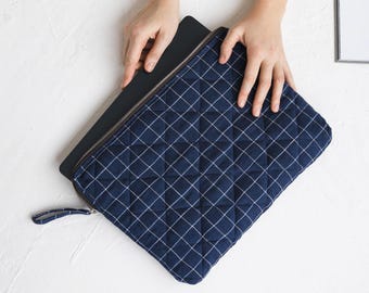 Linen Laptop Sleeve,Linen Computer Case,Quilted Linen Macbook Case,Linen Computer Sleeve With Zipper,Linen Laptop Pouch,Linen Ipad Bag