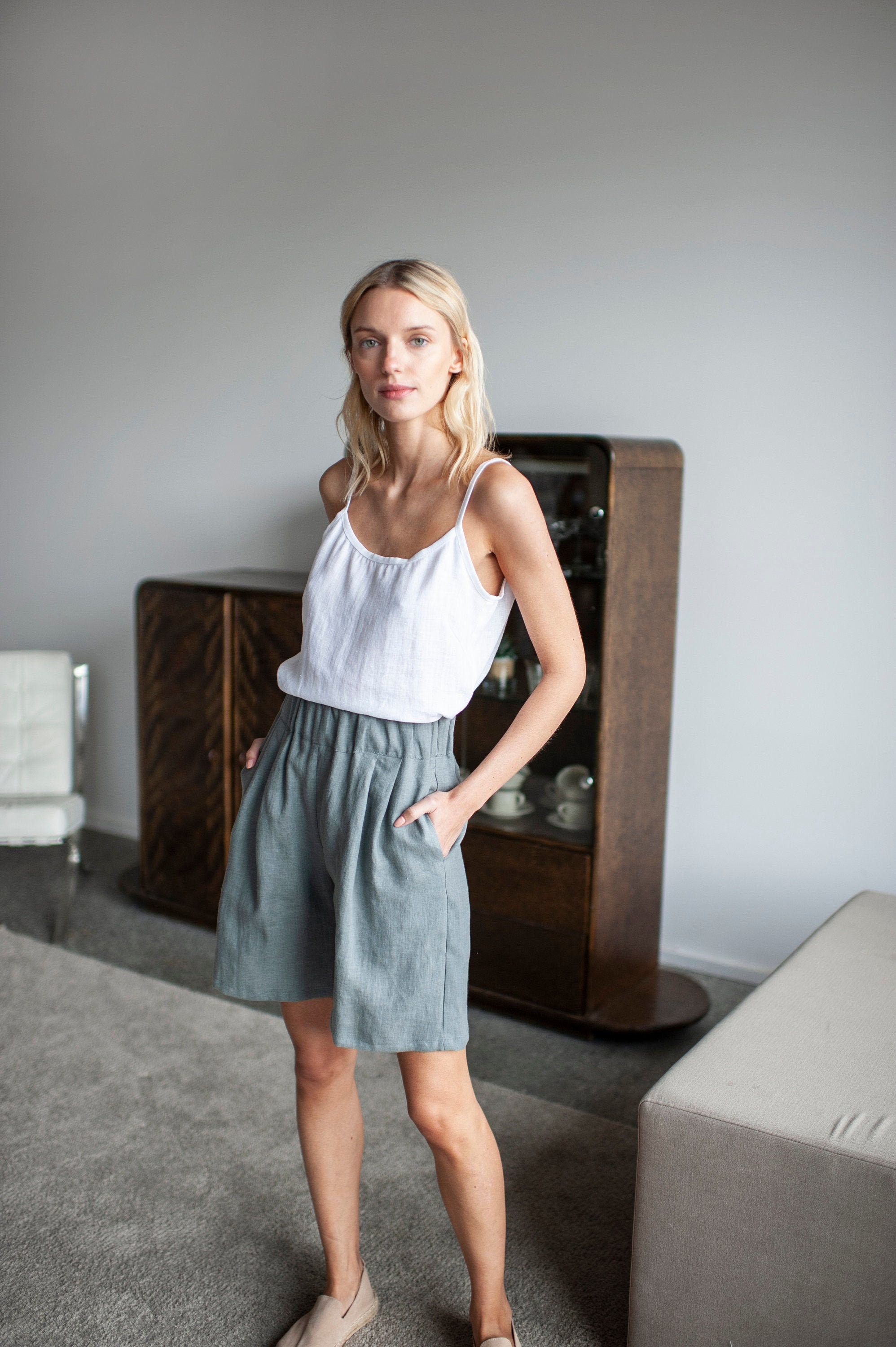 High Waisted Linen Shorts With Elastic Waistband, Linen Bermuda Shorts, High Waist Linen Shorts With Pockets, Summer Linen Shorts
