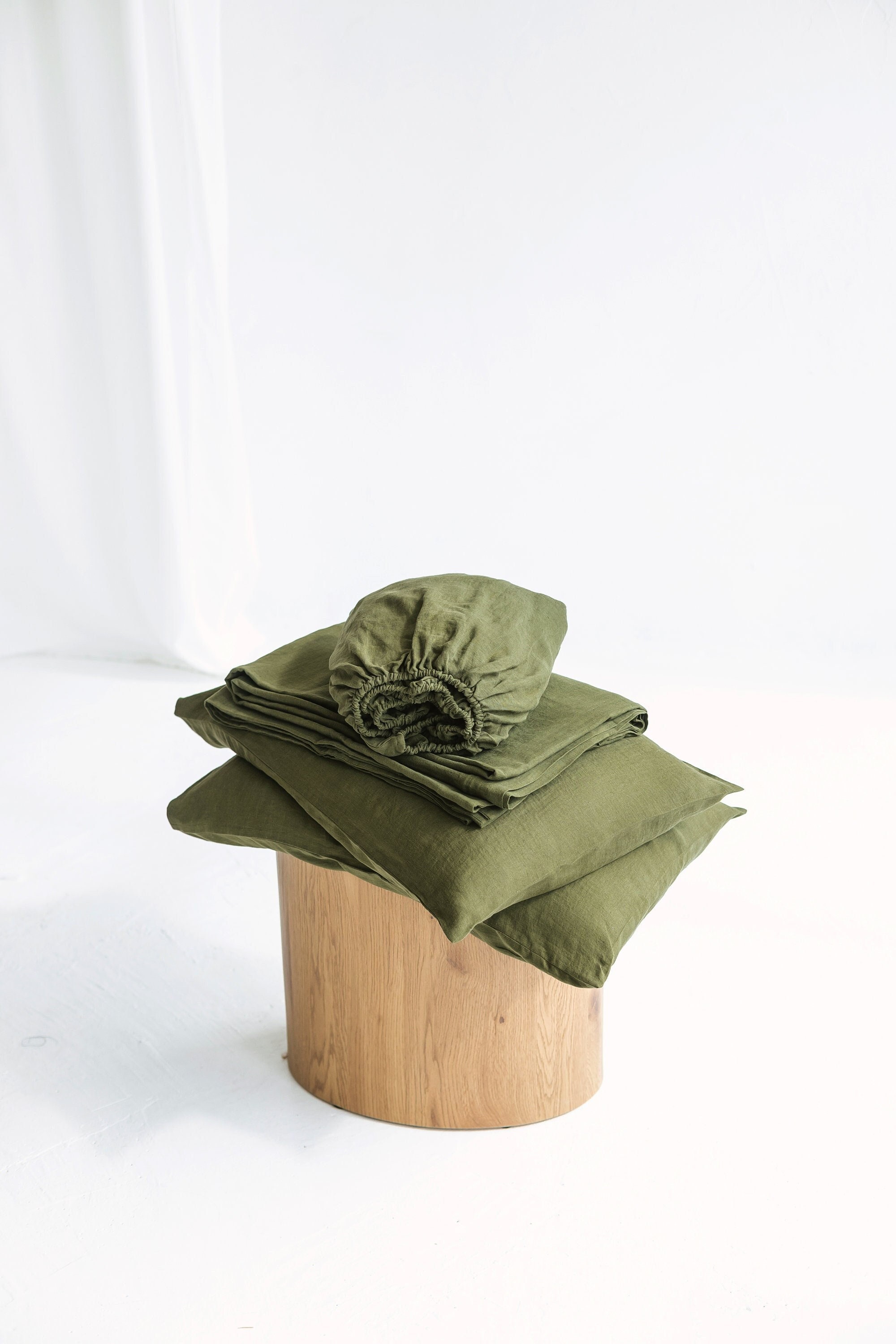 Ensemble de Draps en Lin Vert Forêt, Ensemble et Taies d'oreiller, Draps-Housses Lin, Drap Plat Deux