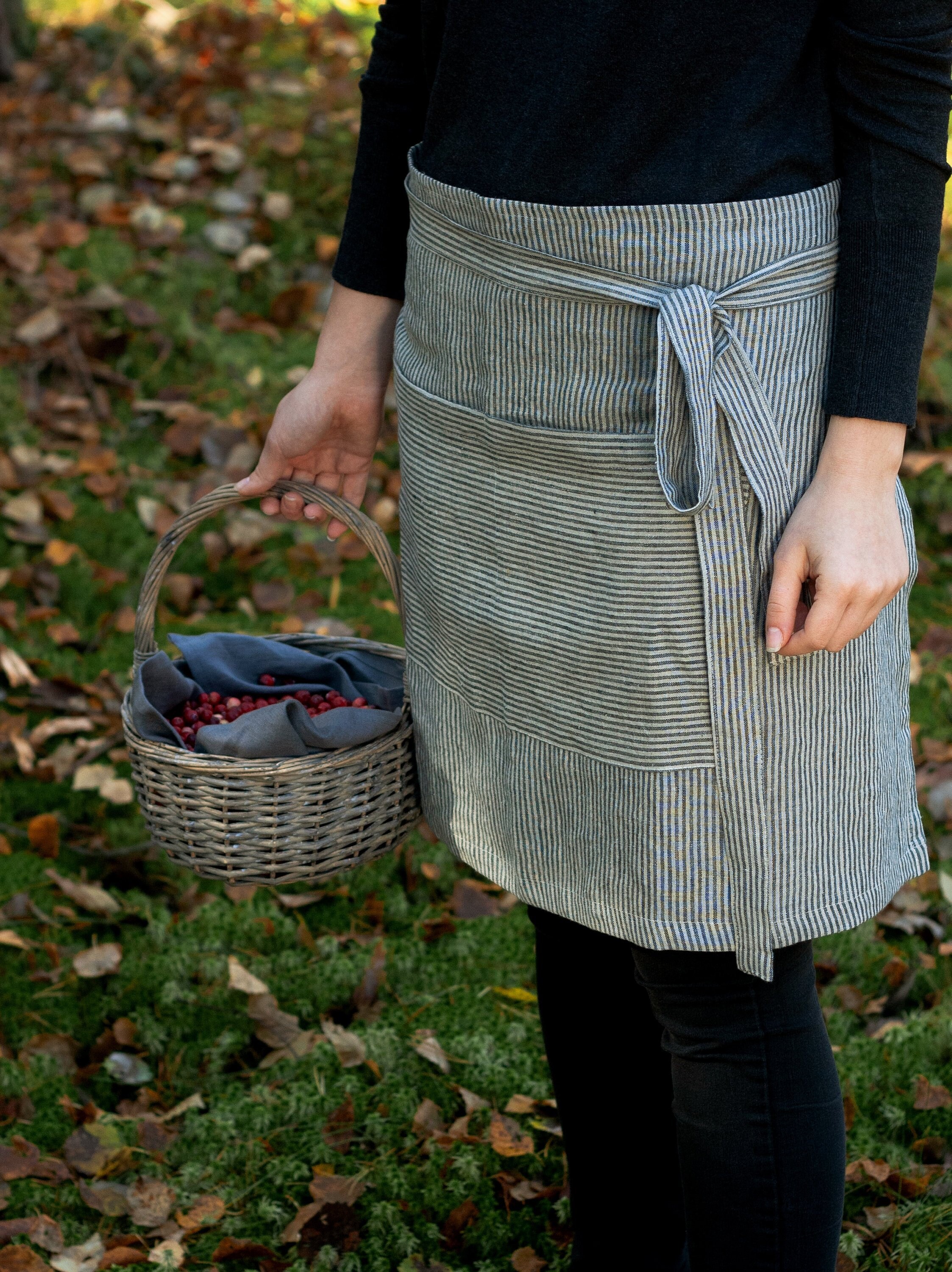 Grey Linen Half Apron With Pocket Striped Linen Chef Apron Etsy