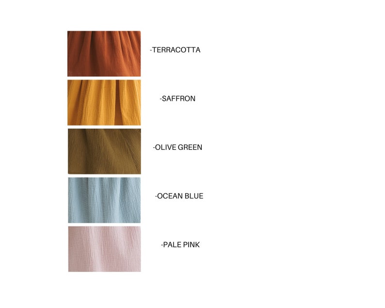 May include: A color palette featuring swatches of fabric in terracotta, saffron, olive green, ocean blue, and pale pink. Each swatch is accompanied by a label indicating the color name. The fabric appears to have a textured, crinkled appearance.