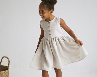 Girls Linen Dress With Buttons, Natural Linen Sleeveless Dress, Toddler Linen Boho Dress, Linen Summer Dress, Girls Casual Linen Dress