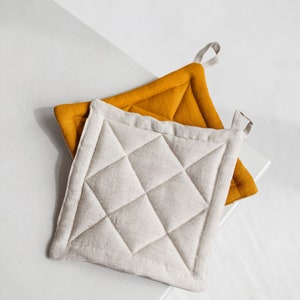 Two Sides Linen Pot Holder, Quilted Linen Pot Holders, Square pattern linen Pot Holder, Mustard Linen Potholder image 6