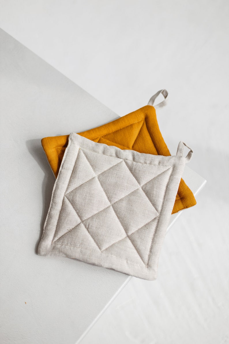 Two Sides Linen Pot Holder, Quilted Linen Pot Holders, Square pattern linen Pot Holder, Mustard Linen Potholder image 6