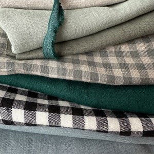 Linen Scraps Bundle Gingham Checks and Solid Colors, Natural Linen Fabric Remnants For Craft Projects. image 4