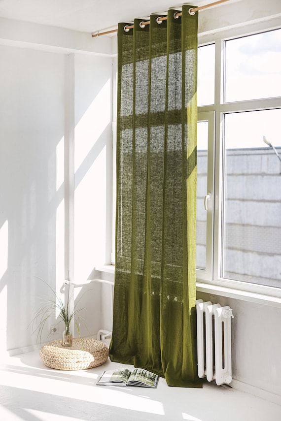 55 140 Cm Wide Long Linen Curtain With Grommets Moss Green Linen Window Drape Linen Eyelet Curtain Panel Linen Grommet Curtain Etsy UK