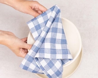 Blue Gingham Linen Napkins, Softened, 50+ Colors