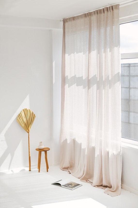 Beigefarbener, leichter Leinen-Vorhang, extra breiter, transparenter Fenstervorhang, Gaze-Stoffpaneel