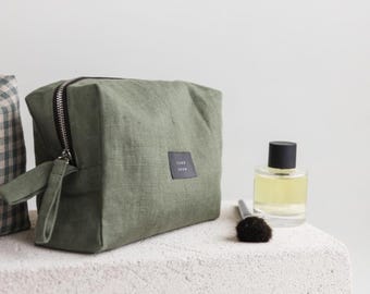 Safari Green Linen Pouch,Linen Makeup Bag, Double-Layered Linen Cosmetic Bag,Linen Makeup Pouch,Green Waterproof Travel Pouch With Zipper