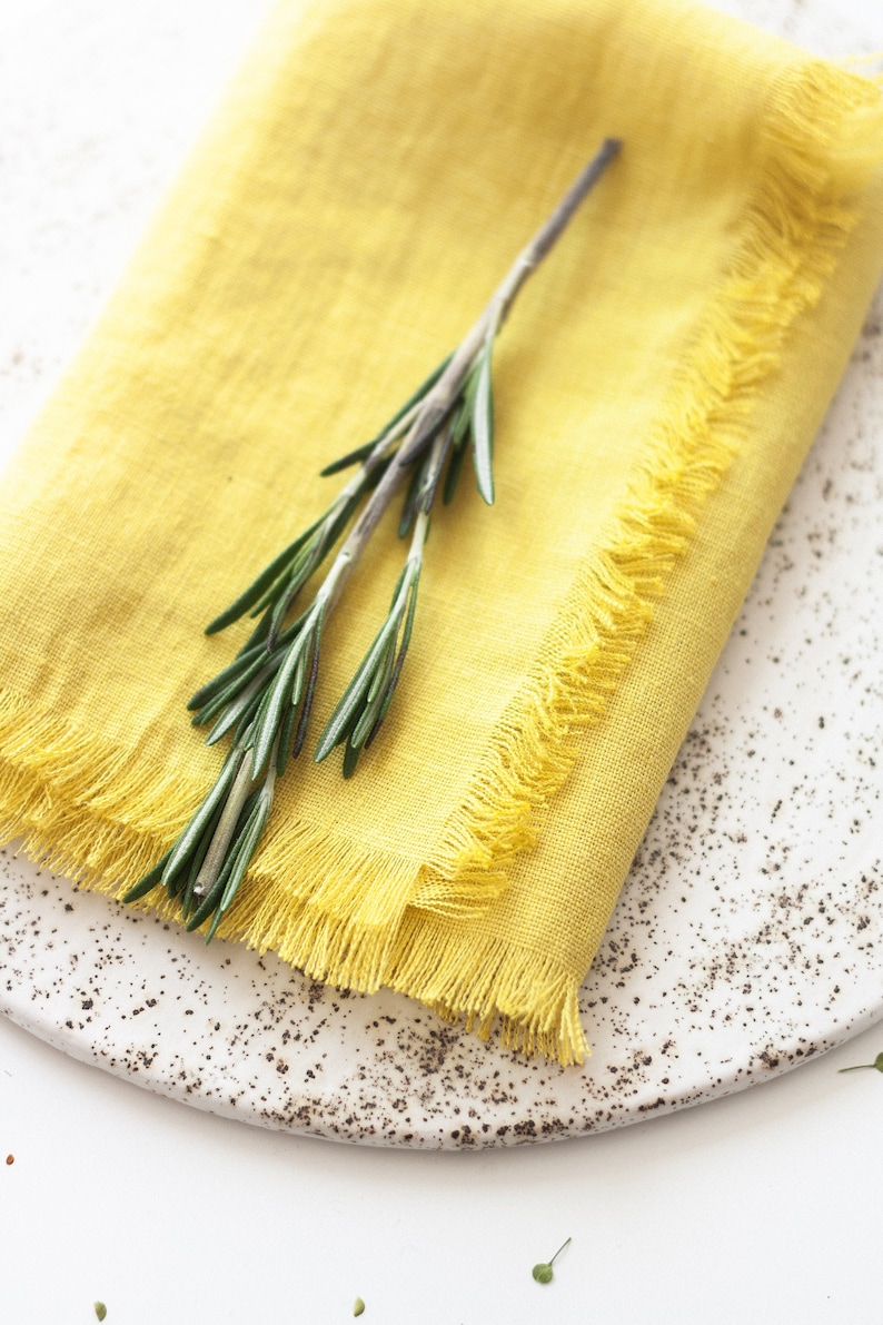 Yellow Fringed Linen Napkins Set Bright Linen Cloth Napkins Etsy
