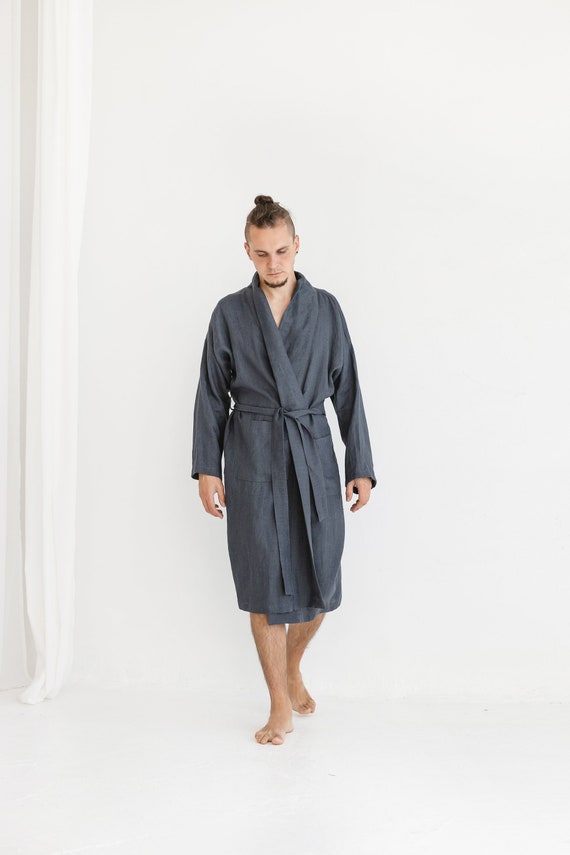 Kohle Grauer Leinen Bademantel für Männer, Langer Leinen Kimono Bademantel mit Gürtel, Herren Leinen Bademantel, Grauer Leinen Morgenmantel für Männer, Herren Leinen Morgenmantel