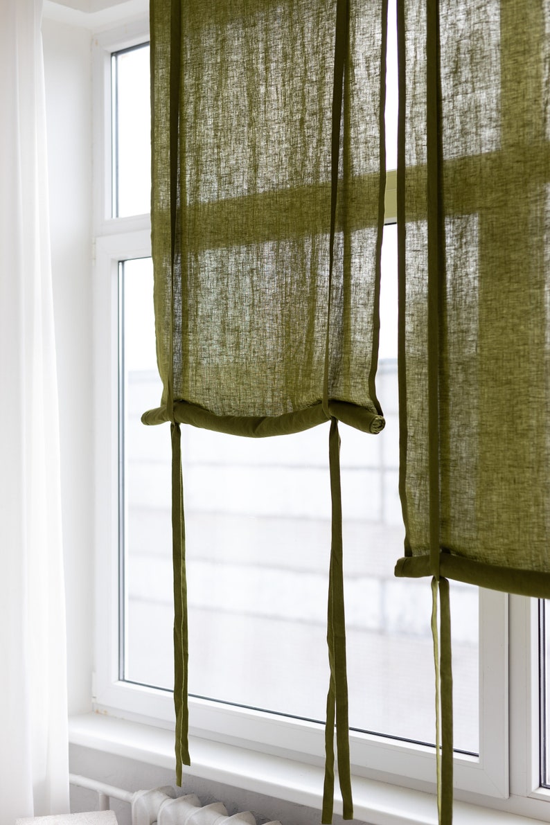 27''/70cm wide Moss Green Linen Roll Up blind, Linen Window Blind with Ties, Linen Roller Shades, Linen Noren Drape, Rod Pocket Linen Panel image 4